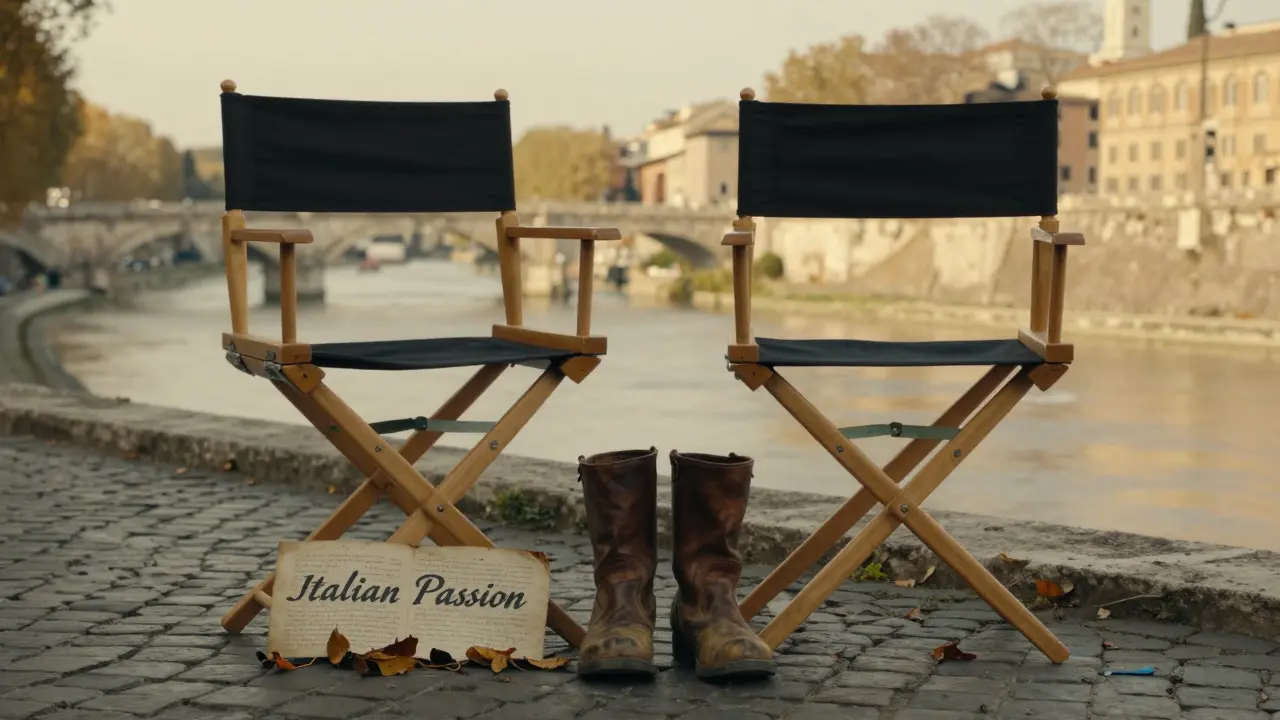 Worn boots and a discarded director’s chair beside a faded script, symbolizing Lisa Ann’s legacy in Rome.