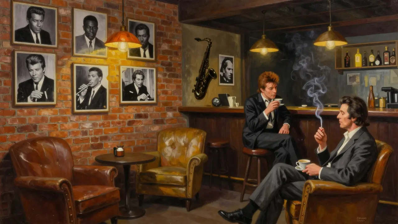 1970s interior of Piper Club with exposed brick, vintage photos, dim lamps, and iconic figures conversing in a raw, unpolished atmosphere.