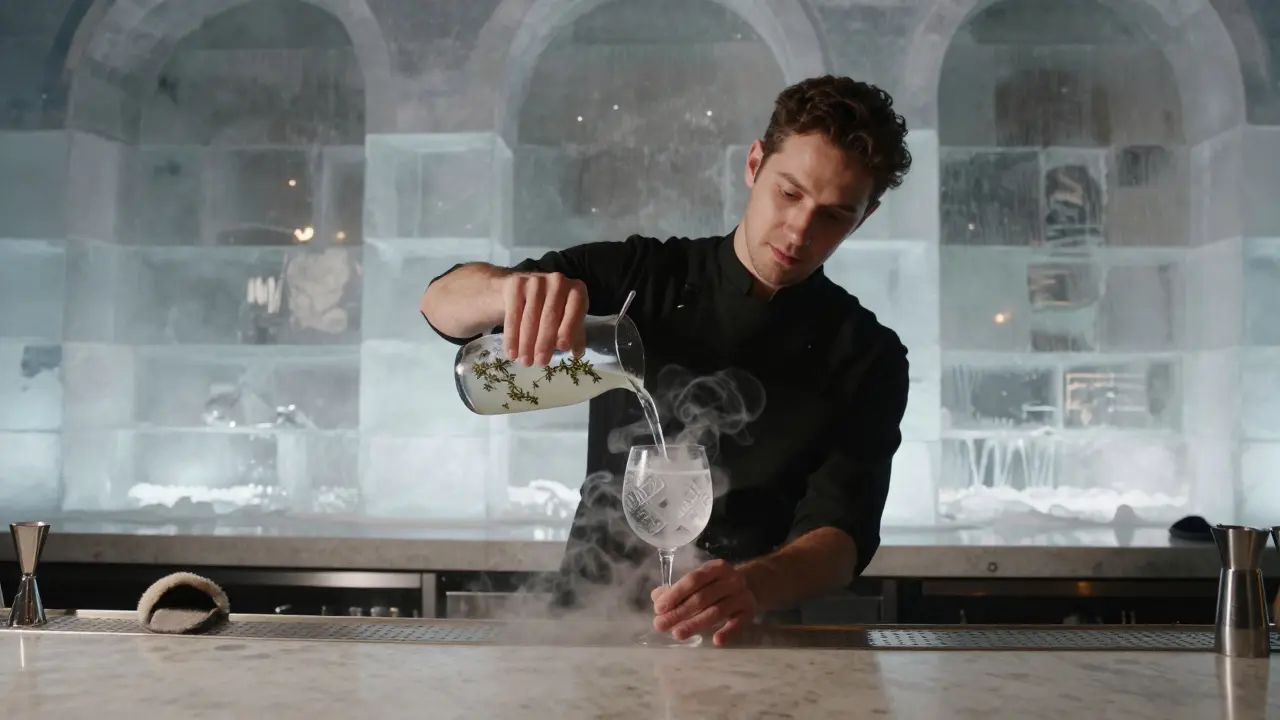 A bartender pours a cocktail into a hand-carved ice glass in a serene, icy underground space.