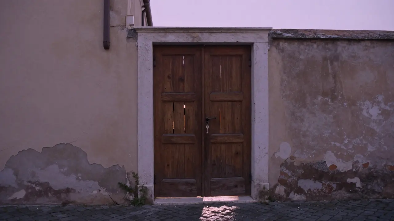 A closed door in a quiet Roman alley at dawn, with a single key hanging from the handle.
