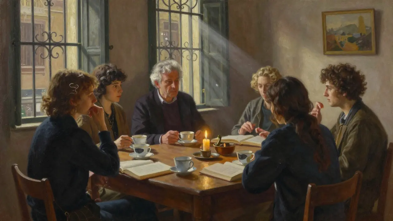 A cozy gathering in a Roman apartment with people talking softly over teacups and open books, candlelight casting warm shadows.