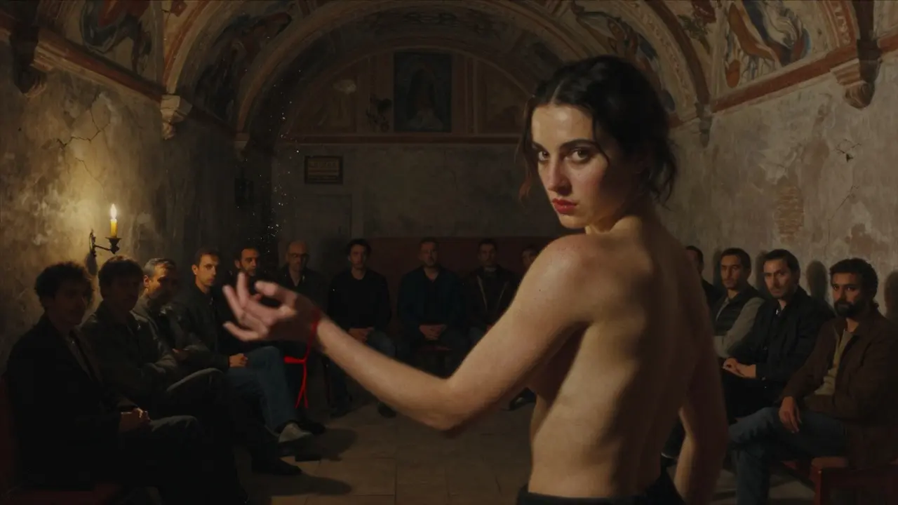 A dancer in a dim monastery basement performs under candlelight, silent men watching in shadow.