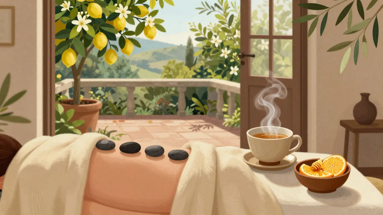 A hidden garden spa in Monti with lemon trees, hot stones, and herbal tea beside a relaxed guest.