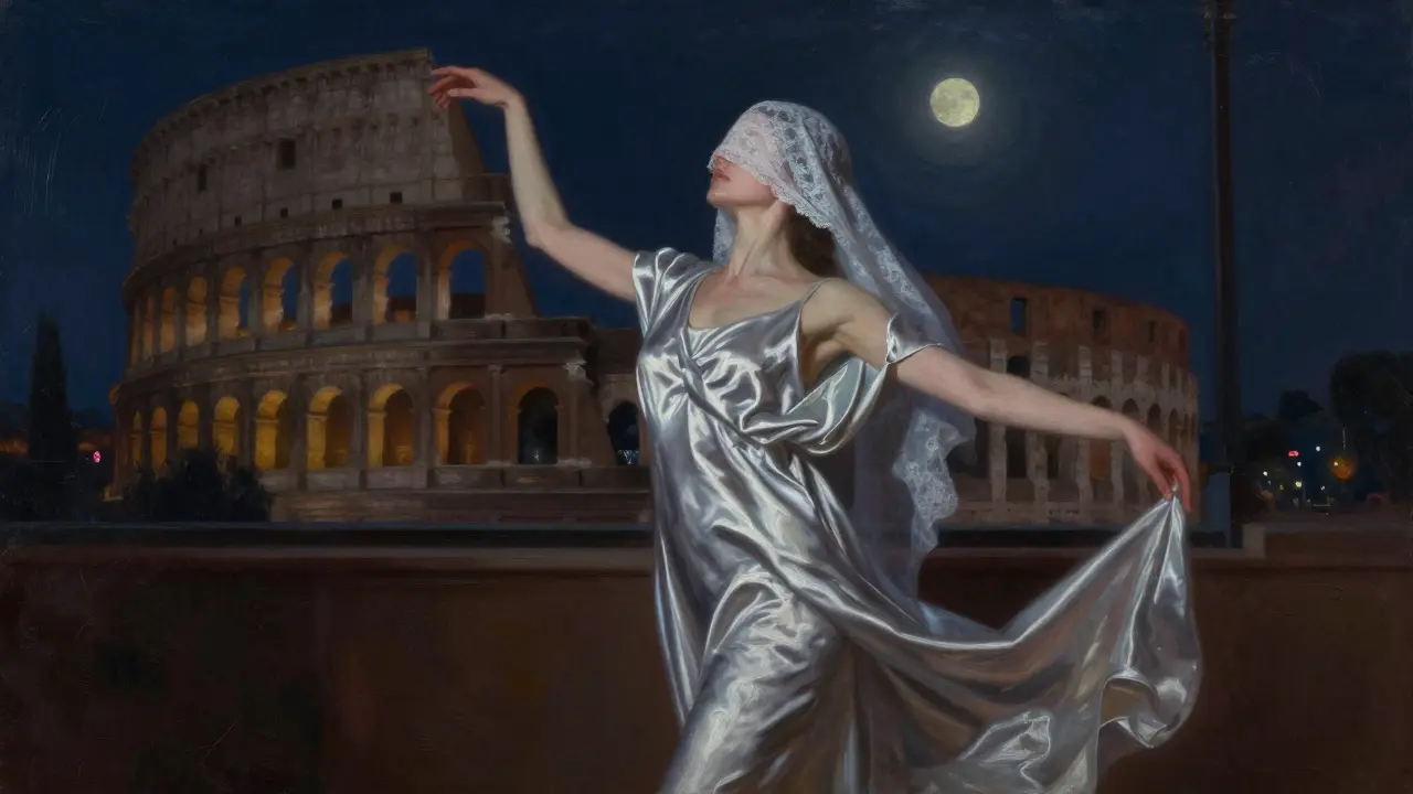 A masked woman dancing in silk robes, moonlight and city glow blending around her in silence.