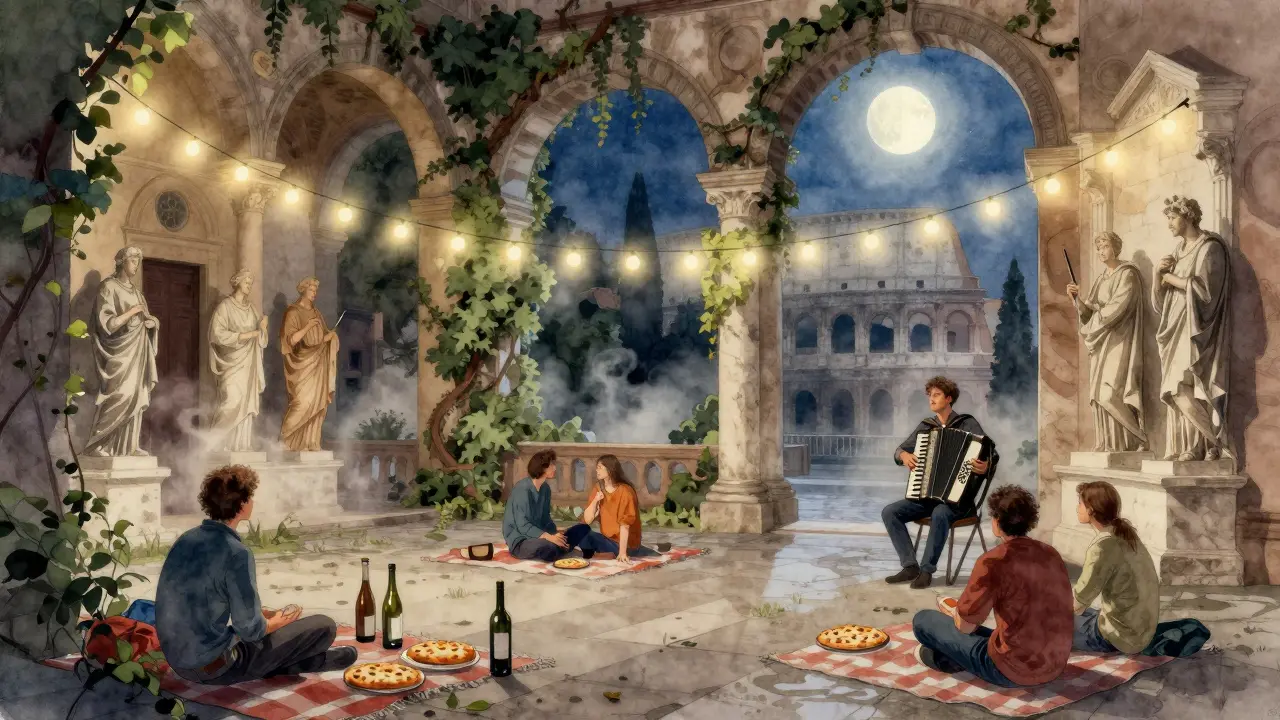 A quiet courtyard behind a church at night, fairy lights, locals with wine, an accordion player, and ancient statues bathed in moonlight.