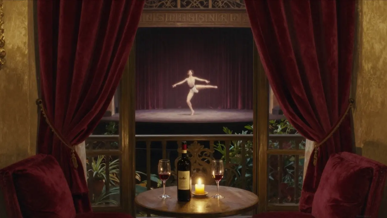 A serene private lounge with velvet curtains and candlelight, overlooking a quiet dance performance.