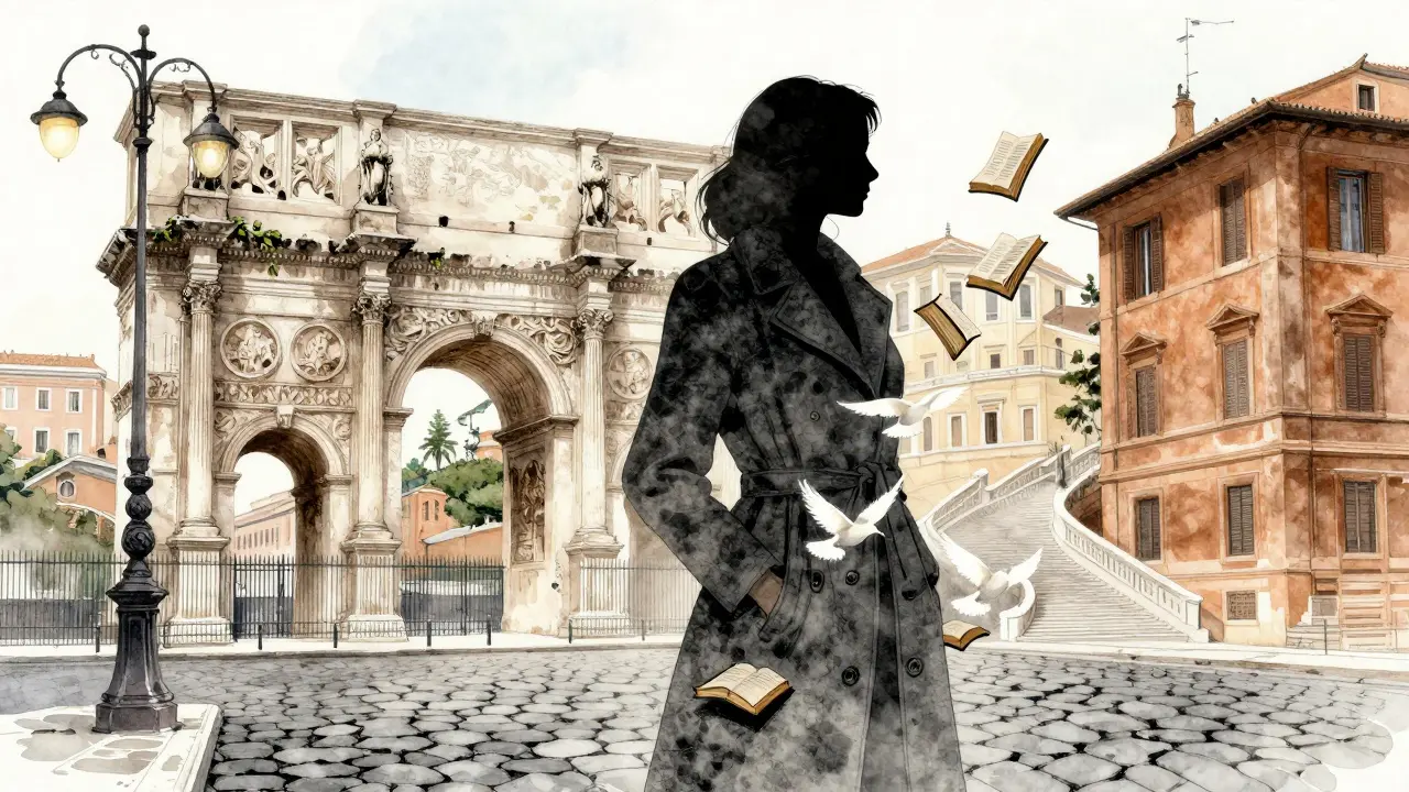 A silhouette blends with Roman architecture, streetlamps turning into vines of light and books floating upward like doves.