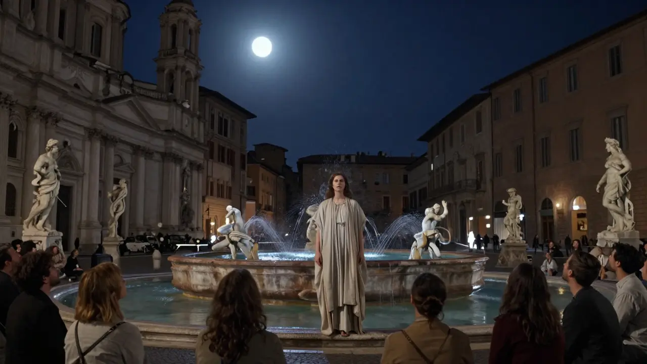 A solitary figure sings under a full moon in Piazza Navona, surrounded by quiet listeners.