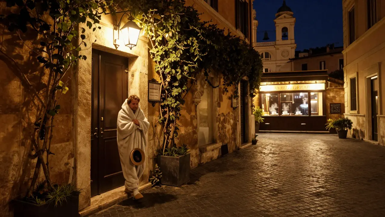 A visitor exits the ice club into Rome’s warm night, holding a wool hat as the city glows behind.