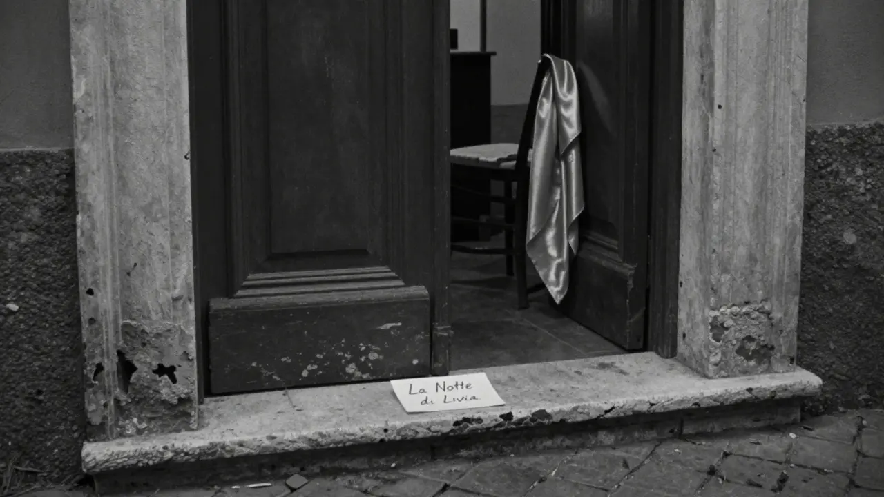 A weathered Roman door slightly open, revealing a silk scarf and a handwritten invitation.