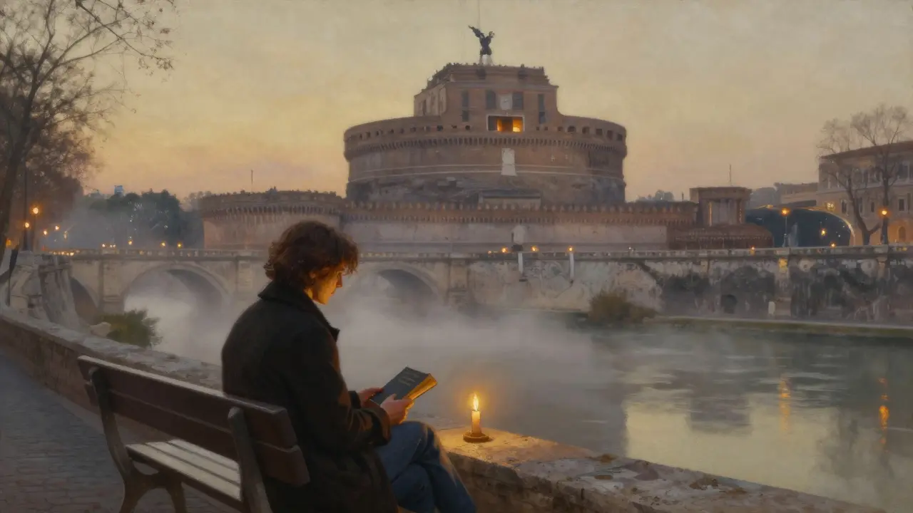 A woman sits quietly on a riverside bench at dawn, holding a book, a candle glowing beside her with Castel Sant'Angelo in the background.