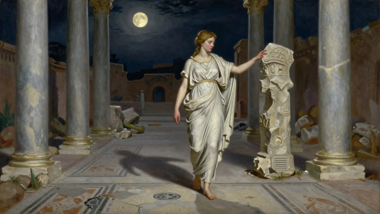 A woman walks barefoot through ancient Roman ruins at night, moonlight casting long shadows on marble.
