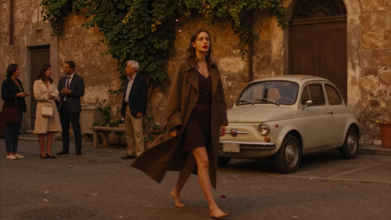A woman walks barefoot through Trastevere at dusk, long coat flowing, locals watching as ancient walls glow in golden light.