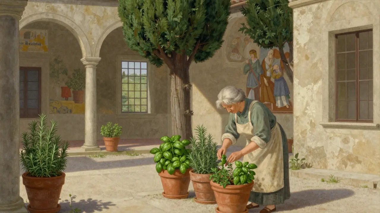 An elderly woman tending herbs in the hidden garden behind Villa Farnesina, under a giant cypress tree.