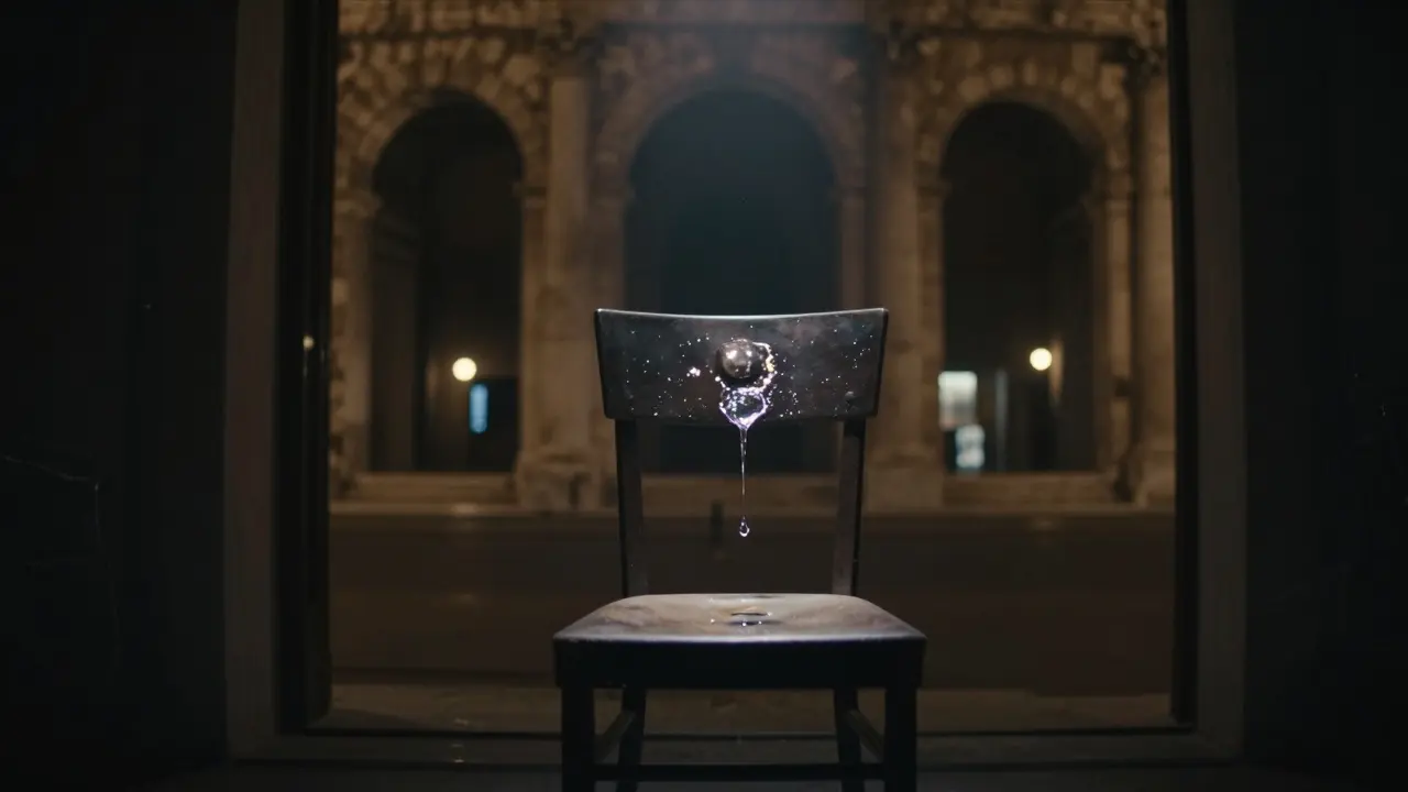 An empty spotlight with a mercury tear hovering above, reflecting Rome’s ancient and modern lights.