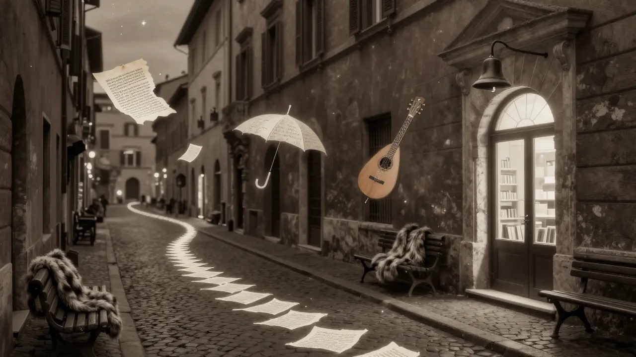 An invisible path through Rome marked by floating fragments of poetry, an umbrella, and a ringing bell.