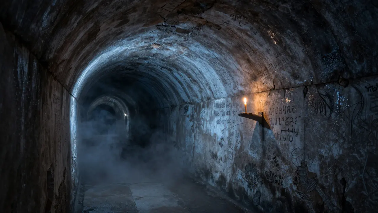 Ancient Roman tunnel with faded inscriptions on damp stone walls, lit by a single candle.