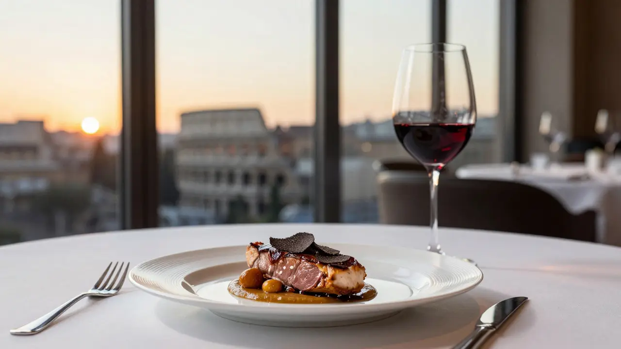 Elegant plate of duck with truffle and chestnut puree at La Pergola, overlooking Rome at sunset.