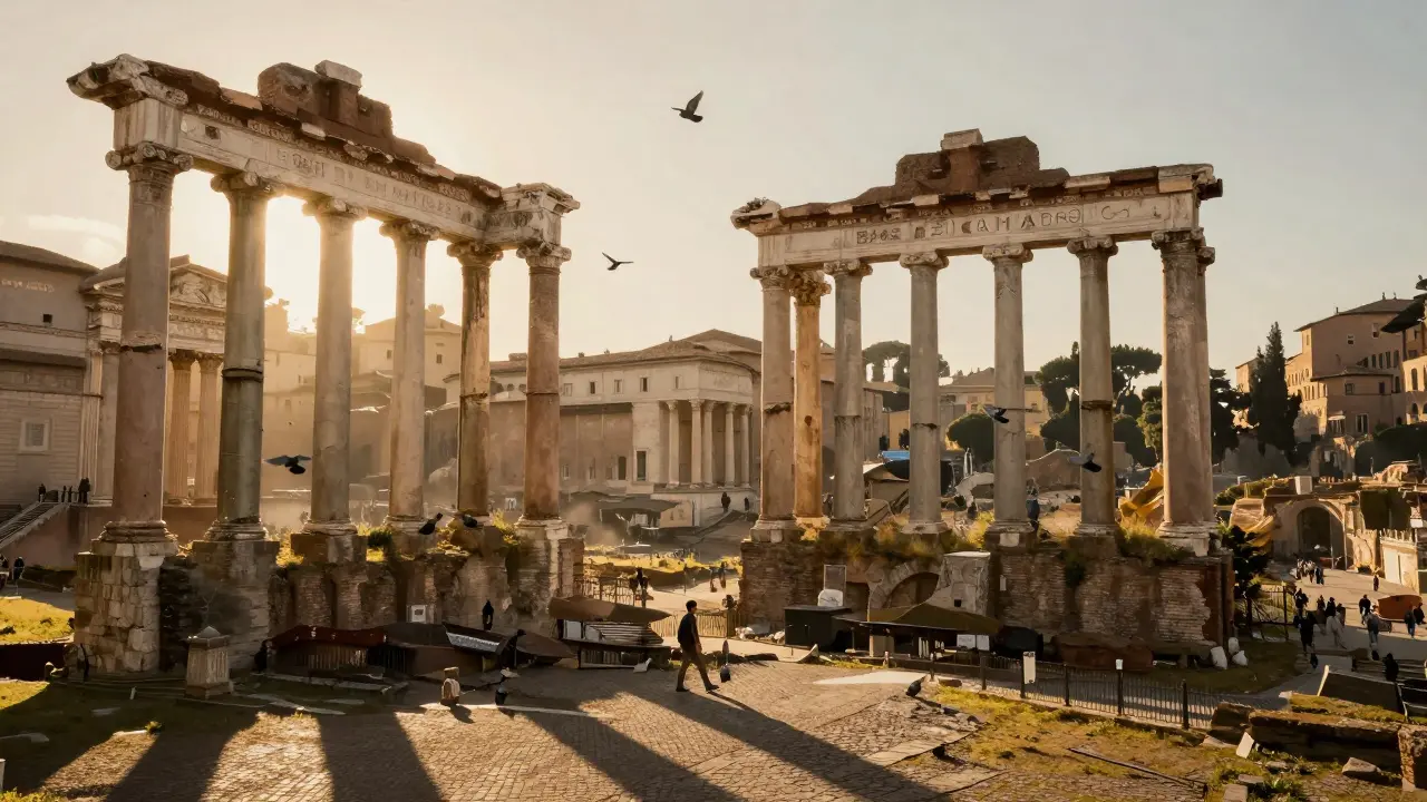 Golden light bathes the ruins of the Roman Forum as a lone figure walks the ancient Via Sacra.