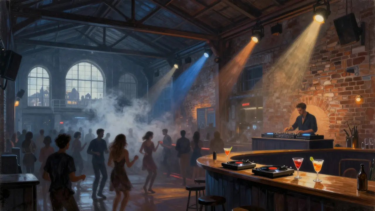 Industrial nightclub in Ostiense with crowd dancing under colored lights and vinyl turntables.