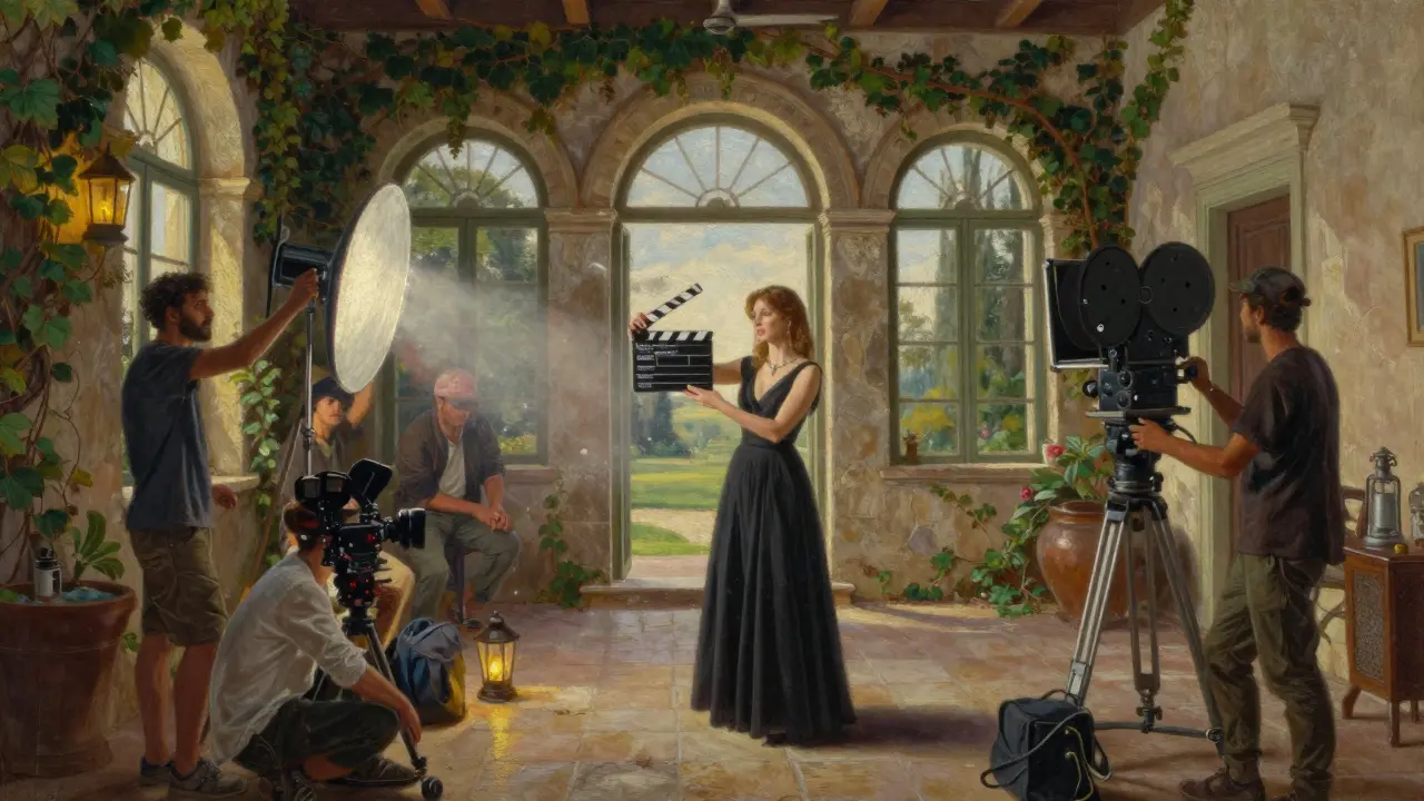 Lisa Ann directing a film crew in an ancient Roman villa, natural light filtering through arches.