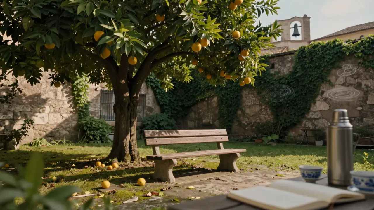 Quiet garden with an orange tree and bench behind an old church, fallen fruit on the ground.