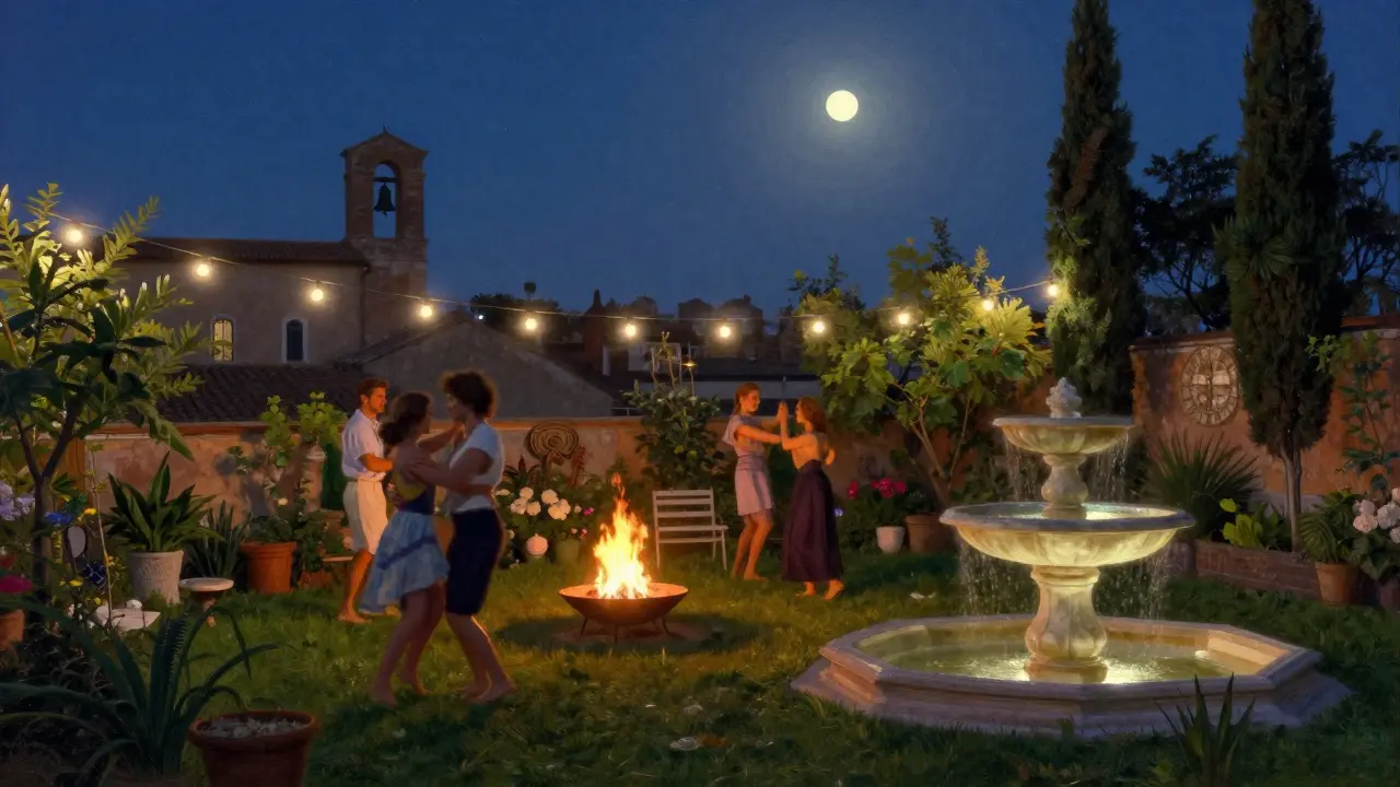 Secret rooftop garden party in Trastevere with fire pit, string lights, and church bells in distance.