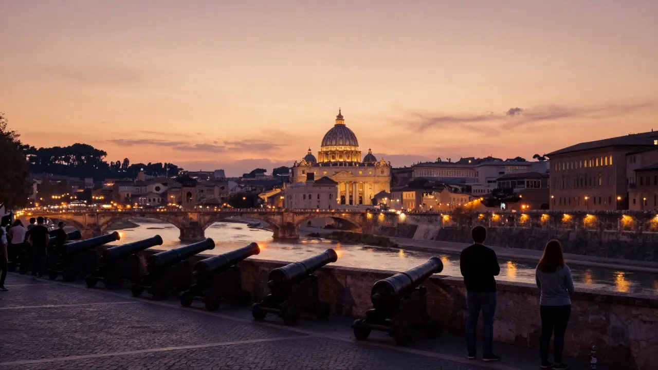 Silhouetted figures watch the sunset from Gianicolo Hill as the cannon fires, with St. Peter’s dome glowing in the distance.