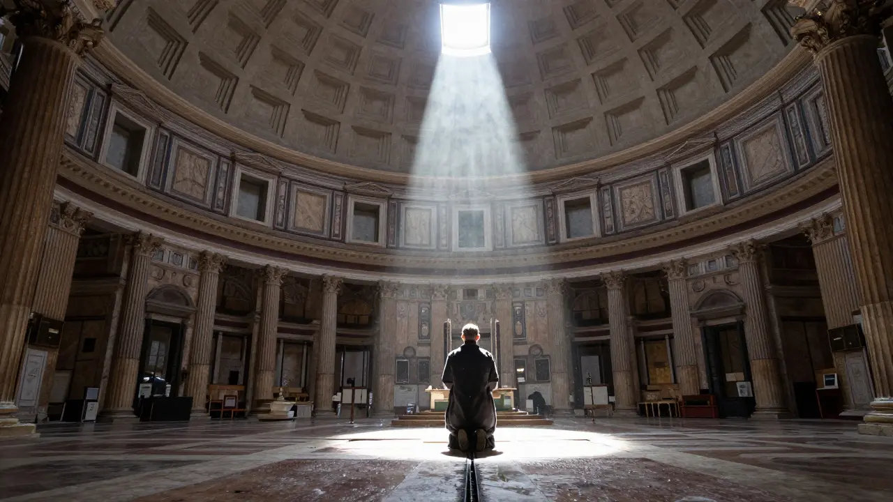 Sunlight pouring through the Pantheon's oculus, illuminating dust and a solitary figure in prayer.