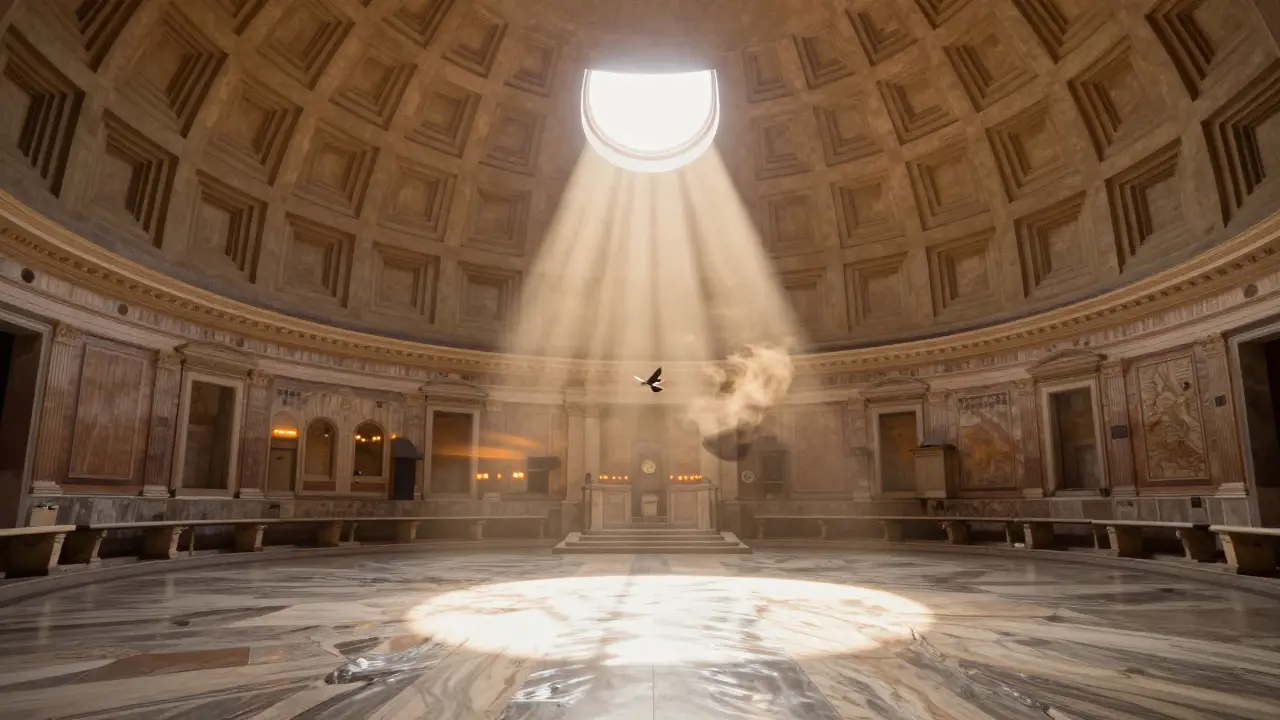 Sunlight streams through the oculus of the Pantheon, illuminating dust and a bird in flight inside the ancient temple.