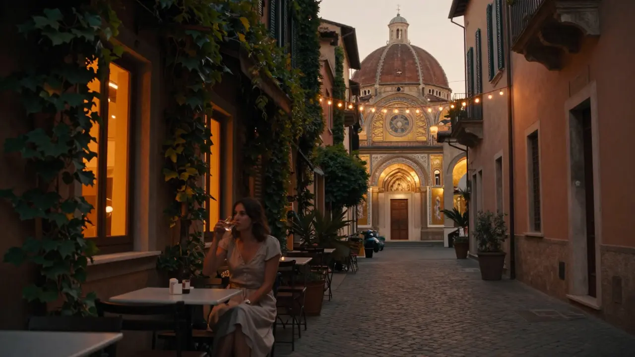 Sunset in Trastevere: warm lights glow from cafes, golden mosaics shimmer behind a woman sipping wine.