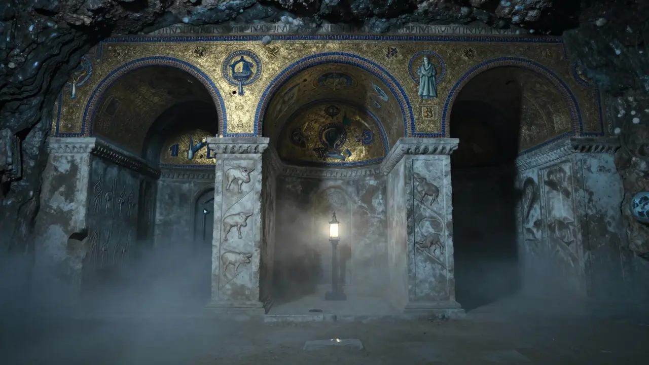 Three layers of Rome's history stacked underground: Mithraic temple, early Christian chapel, and Byzantine basilica.