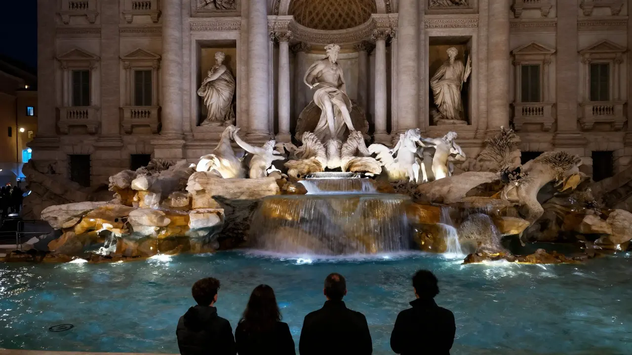 Trevi Fountain at midnight, water cascading under moonlight, people standing still in quiet reverence.