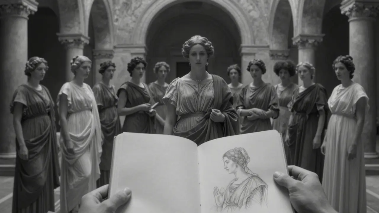 Twelve ghostly figures of Roman women fade into the arches of a palace, with a sketchbook in the foreground.