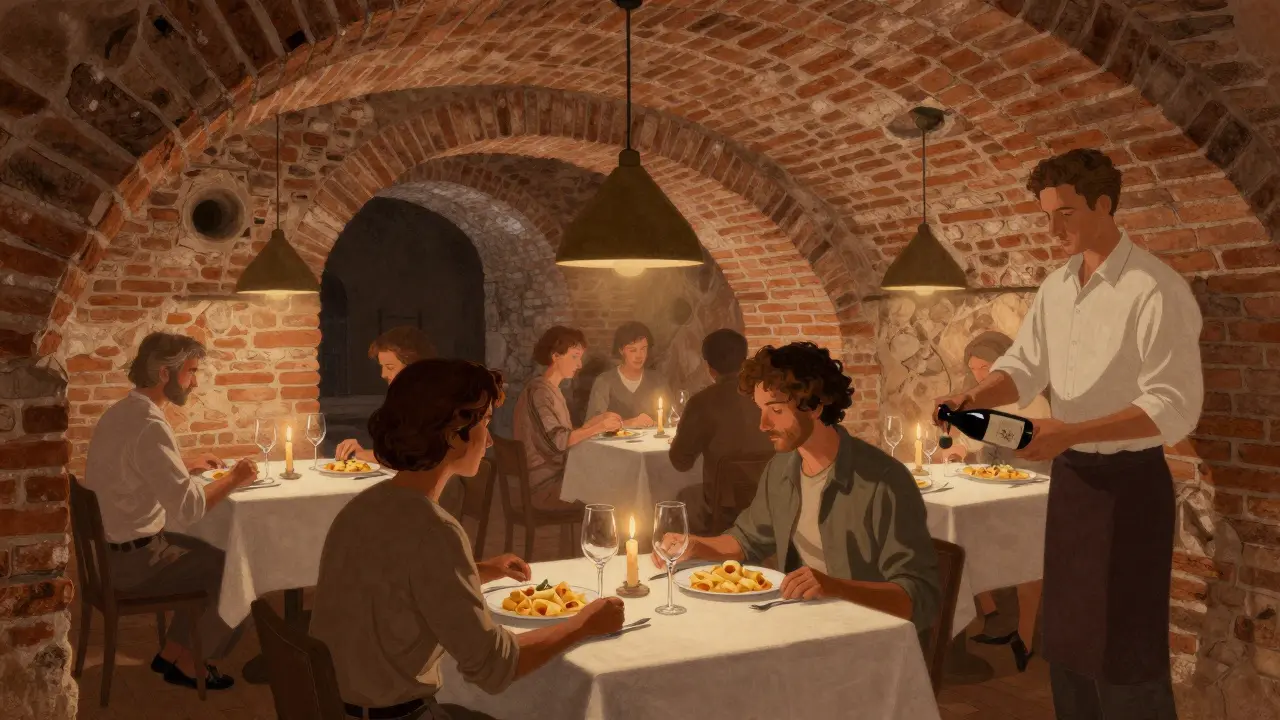 Underground Roman restaurant with ancient brick walls and diners enjoying traditional pasta.