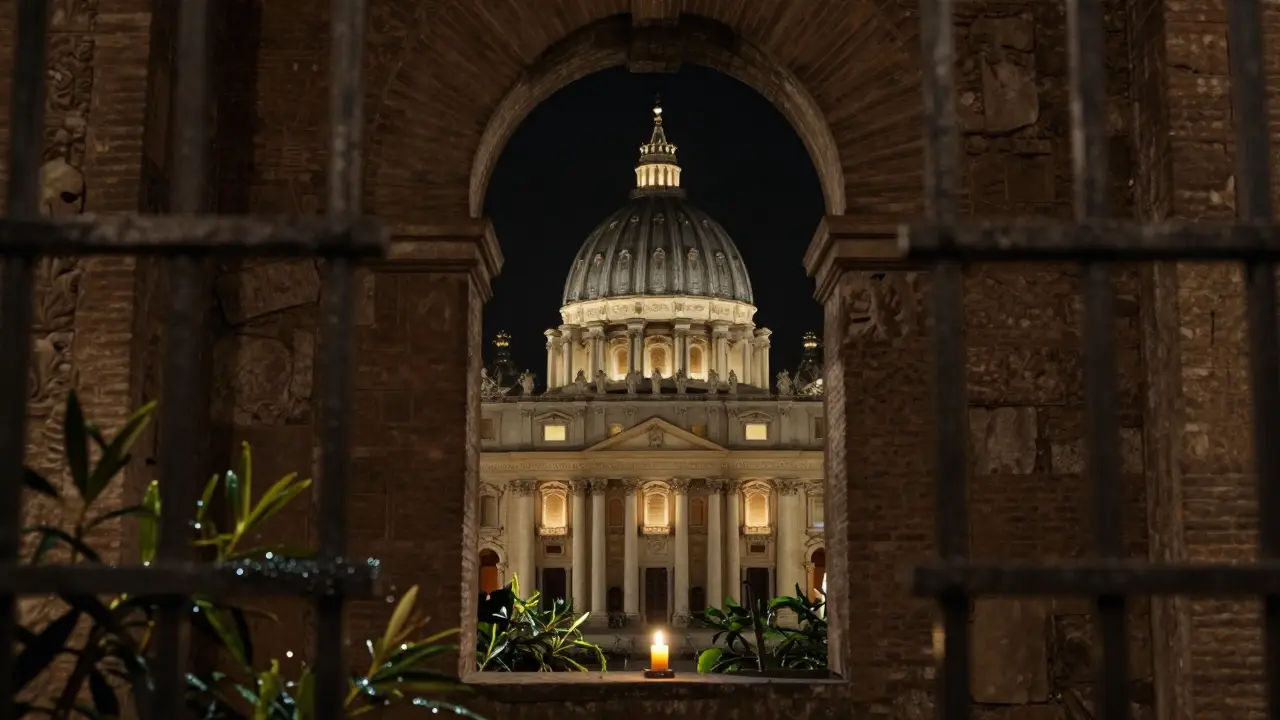 View through the Aventine keyhole at night, framing St. Peter’s dome in perfect symmetry under a dark sky.