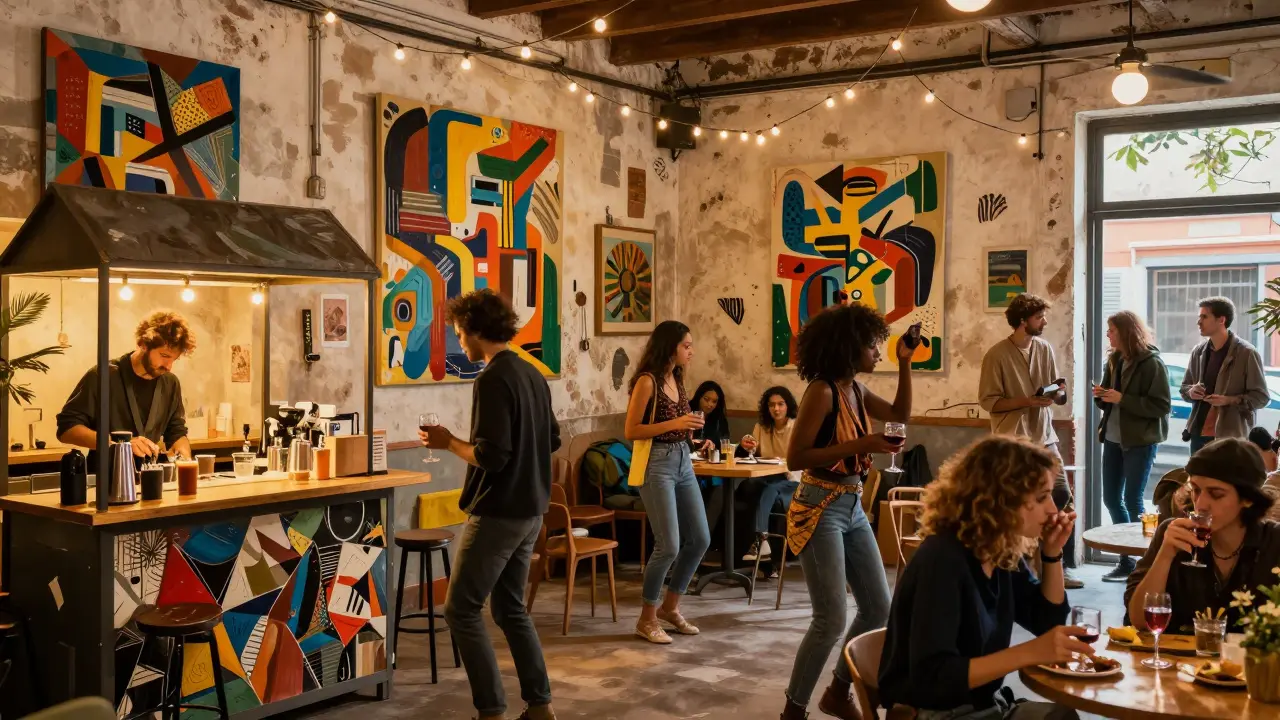 A creative warehouse party with art installations and people dancing under string lights at dawn.