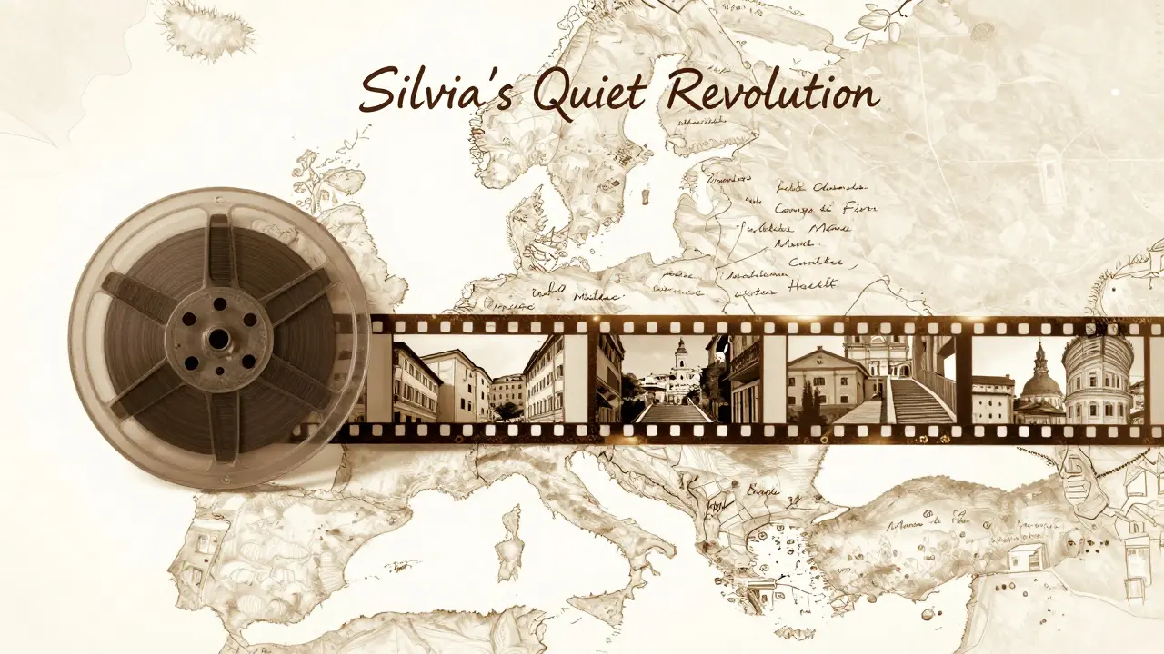 A film reel winding through Rome's streets, symbolizing Silvia’s authentic, consent-based storytelling.