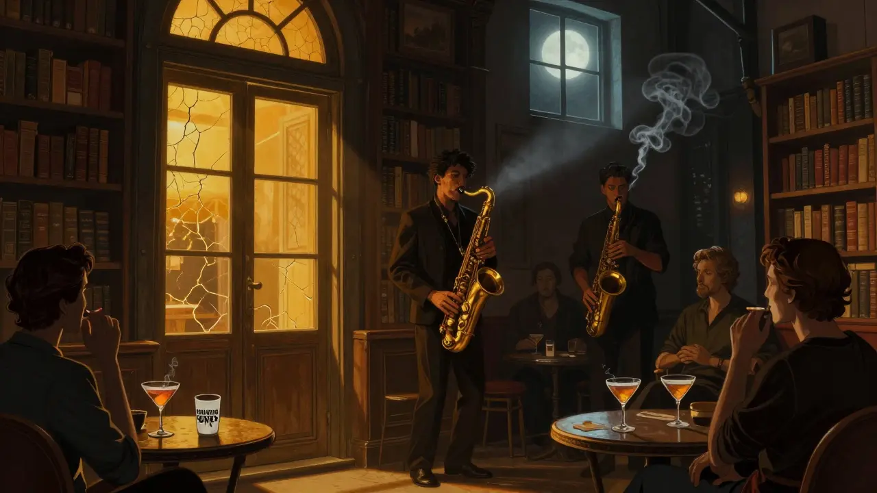 A hidden speakeasy under a bookstore, glowing amber light, jazz music, and patrons in quiet reverence.