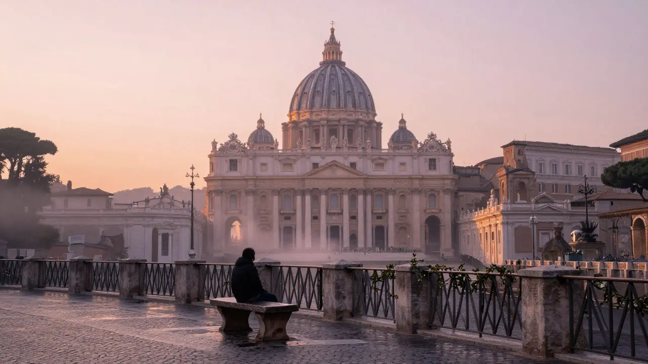A lone figure at dawn on Janiculum Hill, watching the sunrise over St. Peter’s dome in peaceful silence.