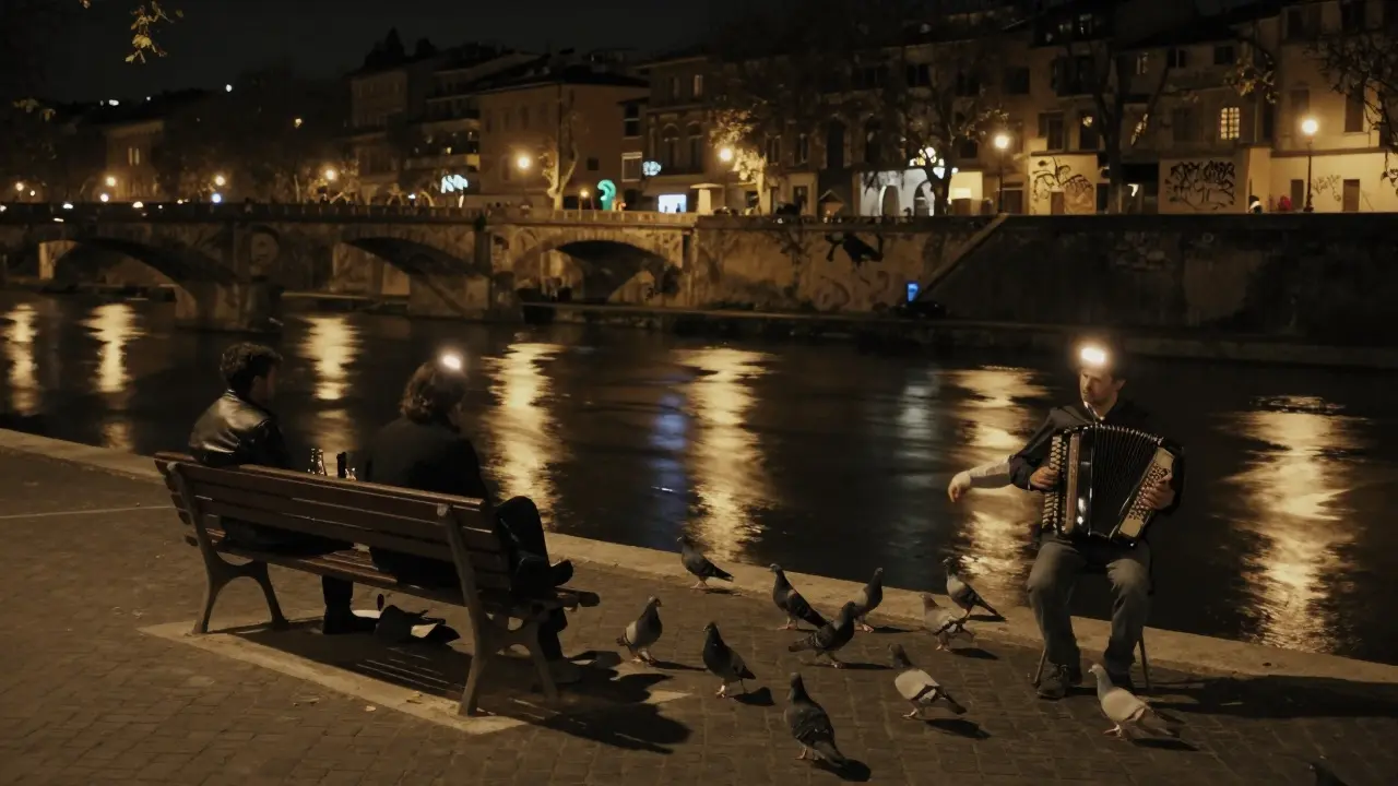 A man feeds pigeons by the Tiber River at night, bridge lights shimmering on dark water as shadows share wine nearby.