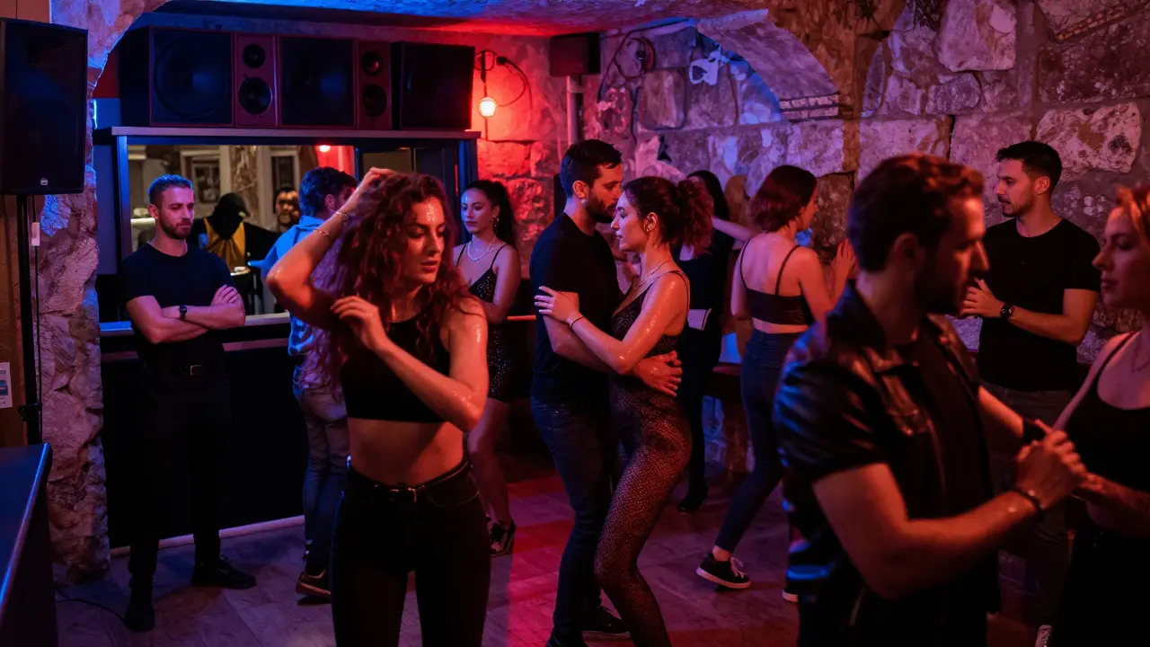 A packed underground techno club in Monti with vibrating walls and dancers under strobing lights.