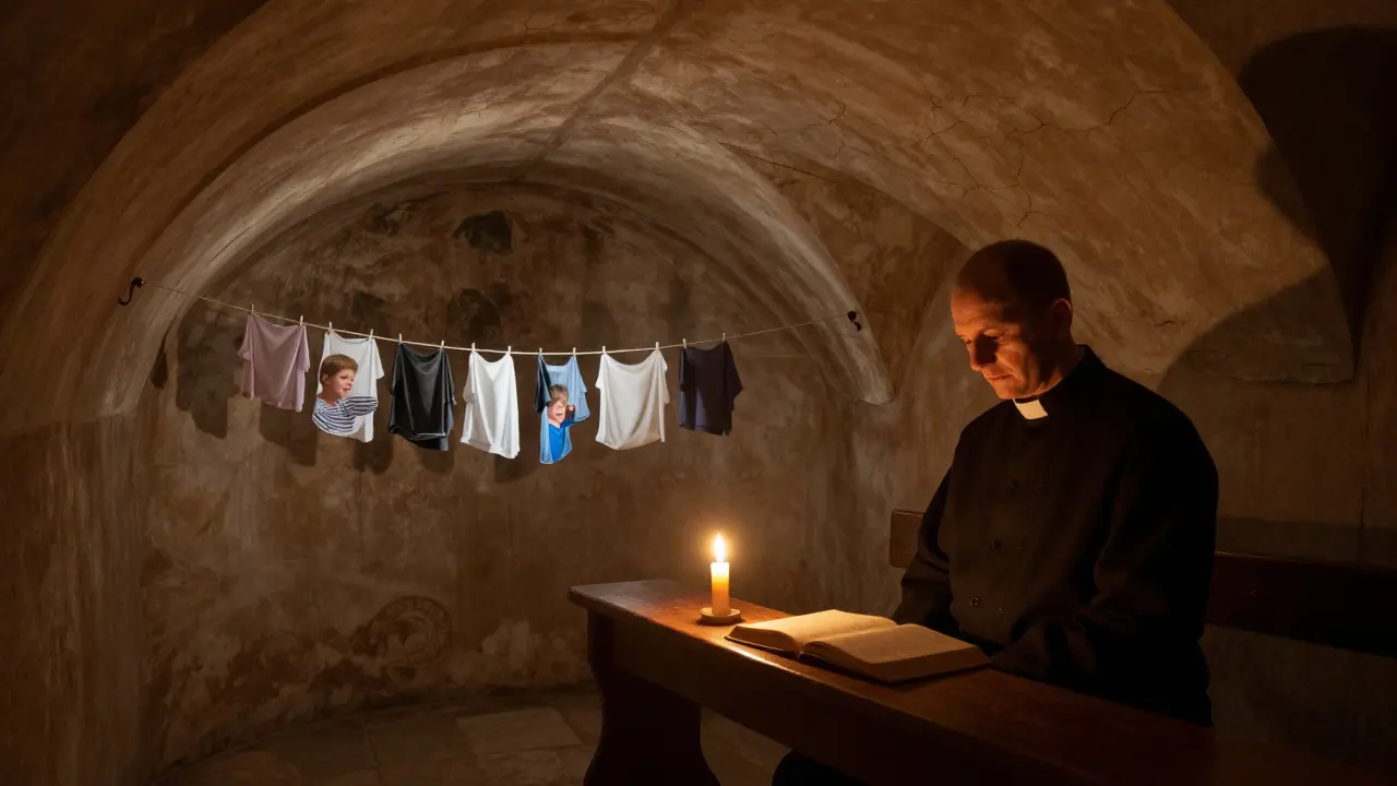 A quiet basement chapel with a flickering candle and open prayer book, playing layered sounds of everyday life beneath the Vatican.