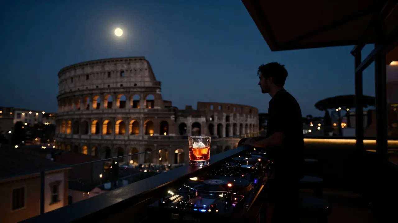A rooftop club in Rome at dawn with the Colosseum glowing in the background, a lone figure overlooking the city.