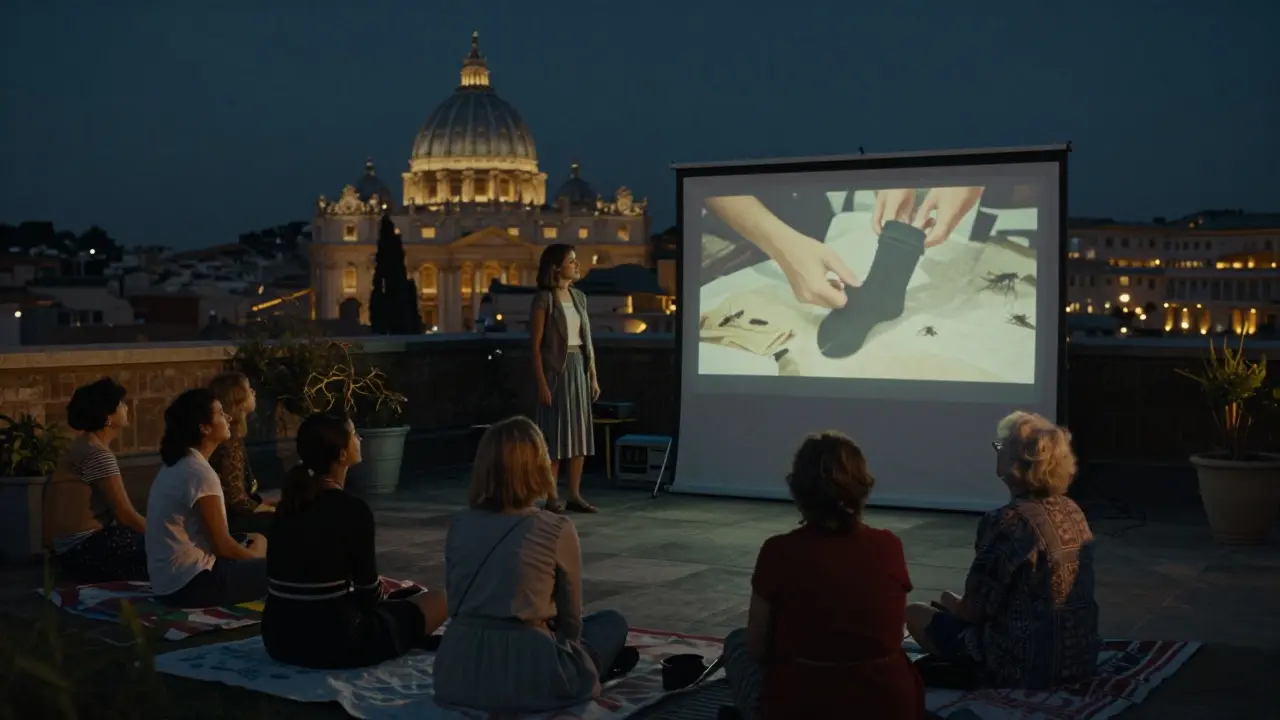 A rooftop screening in Rome at dusk, women watch a quiet film of hands pulling on socks, the Vatican in the distance.