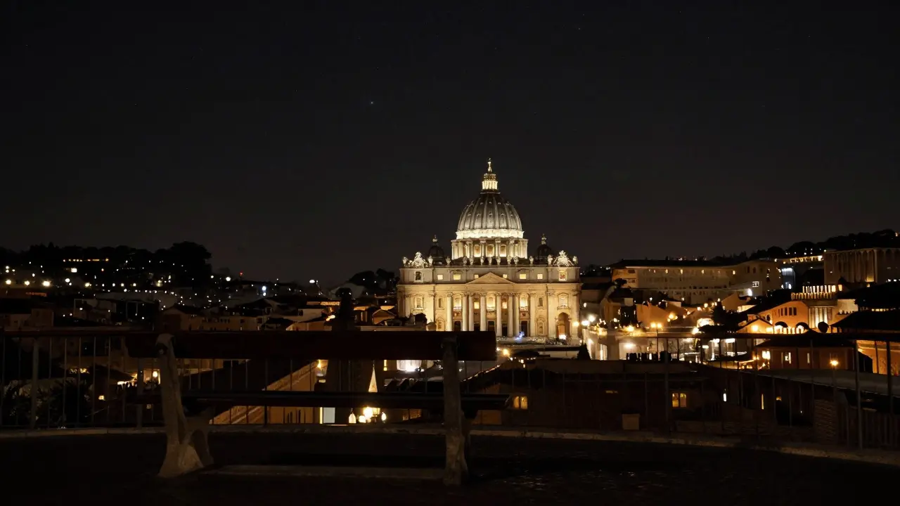 A silent rooftop view of St. Peter’s dome at night, city lights twinkling below under a starry sky.