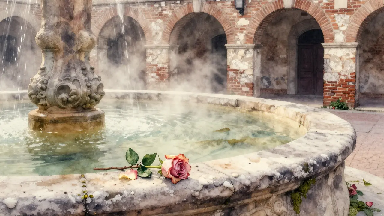 A single rose rests on the ledge of a hidden Roman fountain at dawn, surrounded by mist and weathered stone.