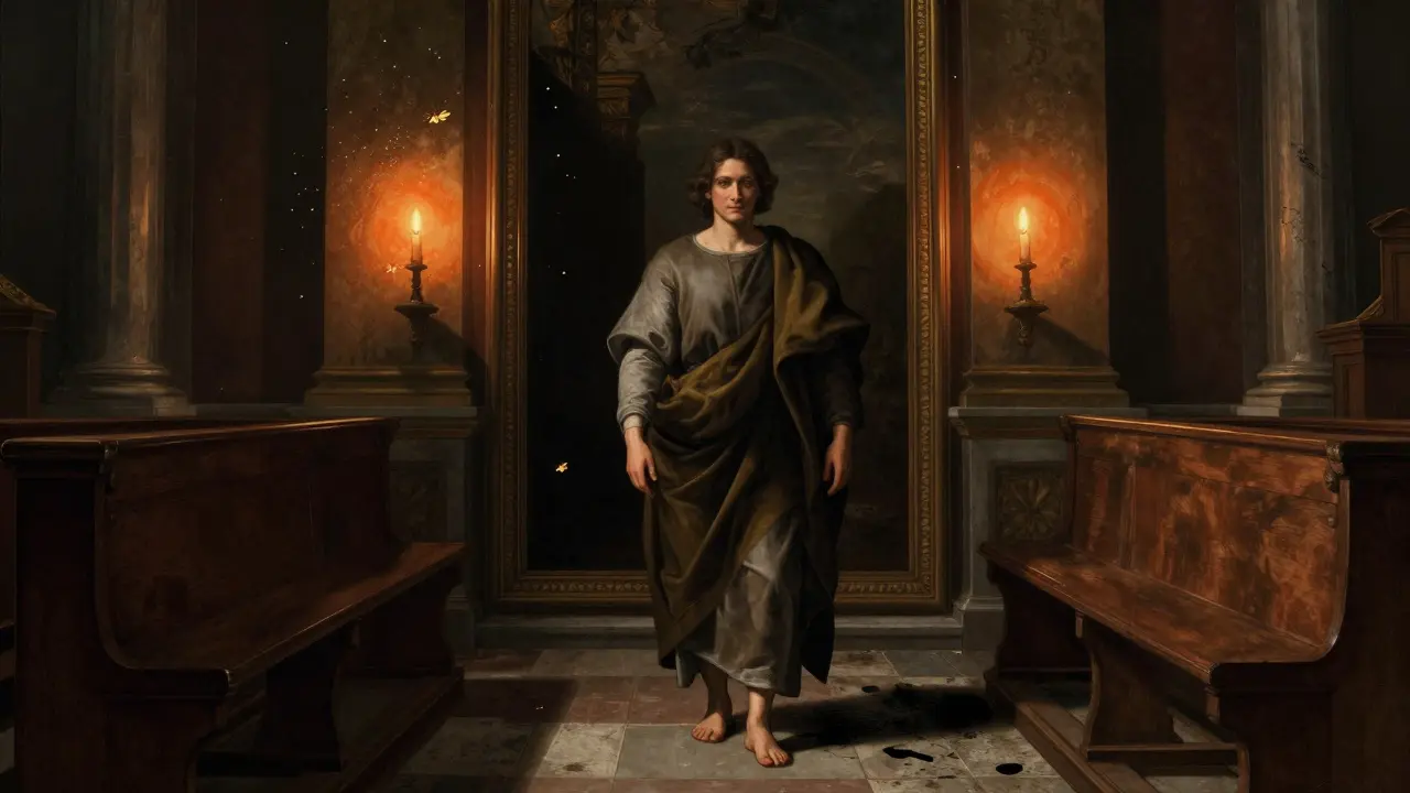 A solitary figure stands before Caravaggio's painting, lit only by a flickering bulb in a quiet Roman church.