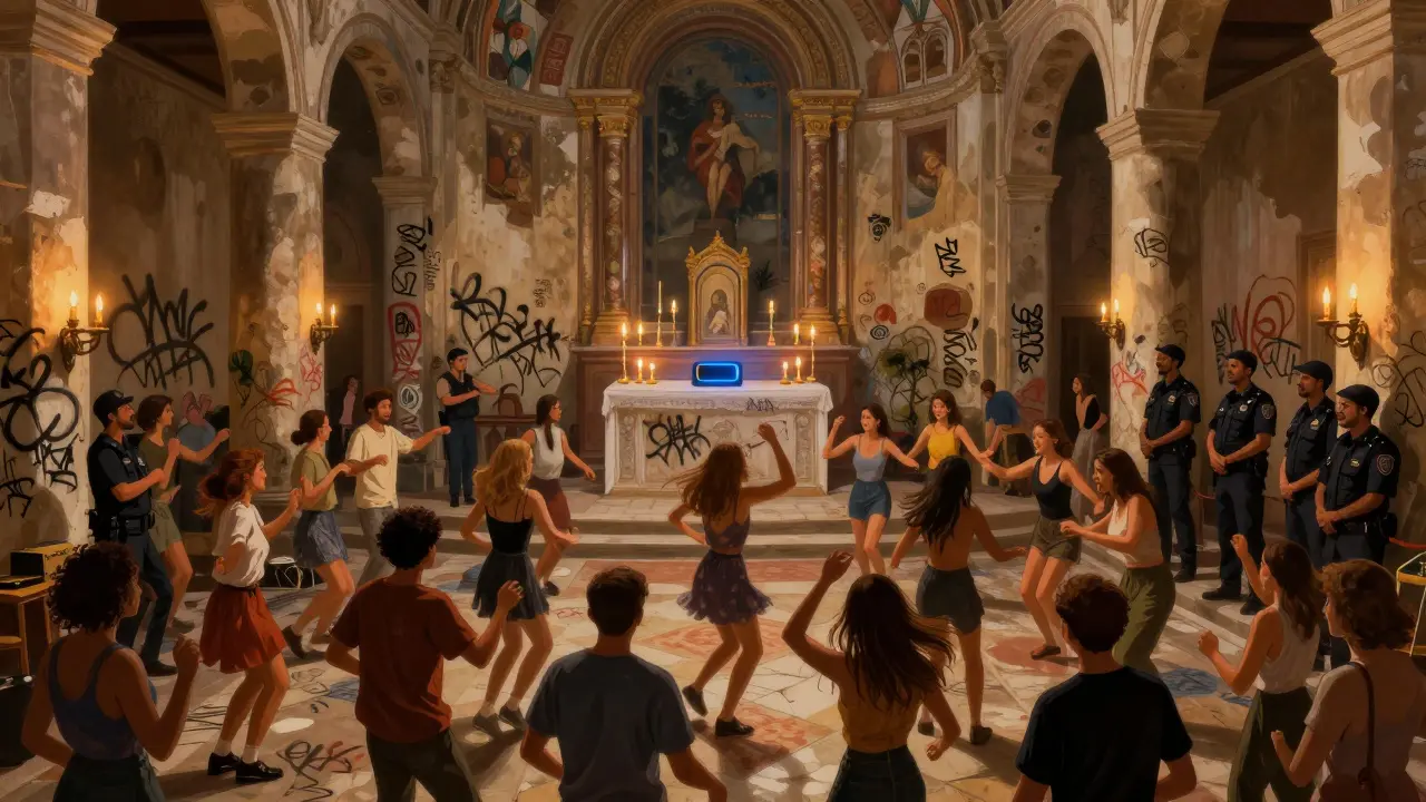A spontaneous midnight dance party inside a converted chapel in Monti, with people moving freely under candlelight and police watching approvingly.