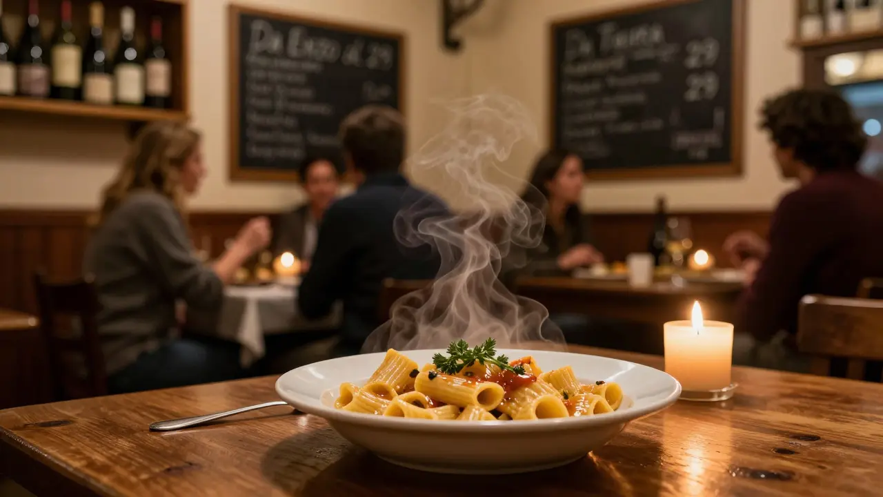 A steaming plate of pasta in a cozy Roman trattoria, candlelit and intimate.